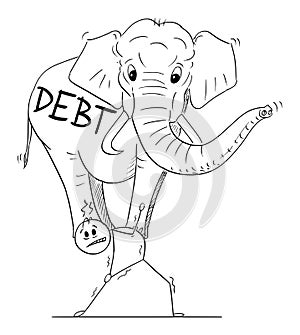 Man or Businessman Carrying Elephant on His Back, Burden by debt, Vector Cartoon Stick Figure Illustration