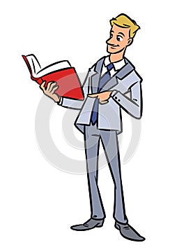 Man businessman reading book cartoon illustration