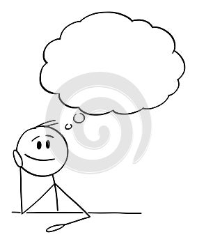 Man or Businessman Thinking with Empty Thought Bubble, Vector Cartoon Stick Figure Illustration