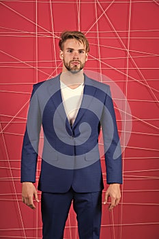 Man or businessman wear classic dark blue suit. Menswear and stylish wardrobe concept. Male fashion. Man formal clothing