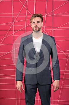 Man or businessman wear classic dark blue suit. Menswear and stylish wardrobe concept. Male fashion. Man formal clothing
