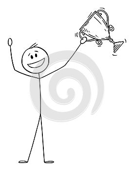 Man or Businessman Winner Celebrating Victory Trophy Cup, Vector Cartoon Stick Figure Illustration