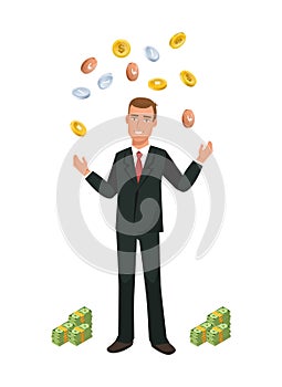 Man, businessman, working character, juggles with metal money. photo