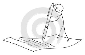 Man or Businessman Writing with Pen on Sheet of Paper, Signing Agreement, Vector Cartoon Stick Figure Illustration