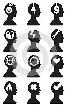 Man Bust Silhouette with Conceptual Symbols in Brain Vector Icon