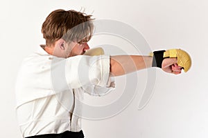 Man with busy face and bristle on white background.