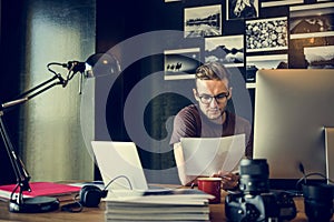 Man Busy Photographer Editing Home Office Concept