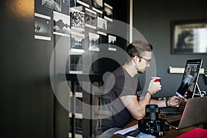 Man Busy Photographer Editing Home Office Concept