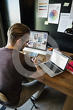 Man Busy Photographer Editing Home Office Concept