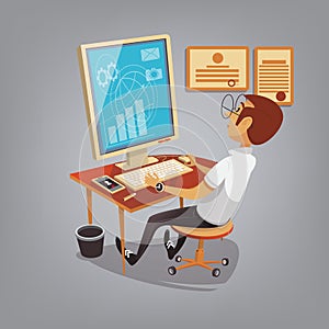 Man busy working with computer in office. Business concept vector illustration in cartoon style. Manager makes sales