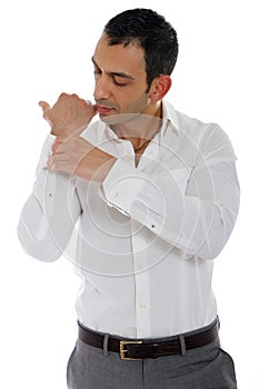 Man buttoning his shirt