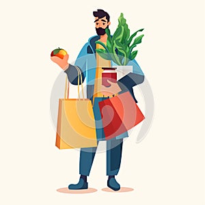 man buyer holding shopping bags with fruits and vegetables organic natural food eco local grown products world