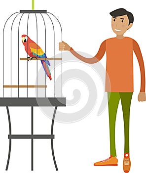 Man buying parrot at zoo shop vector icon isolated on white