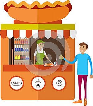 Man buying snack at fastfood street booth vector icon isolated on white