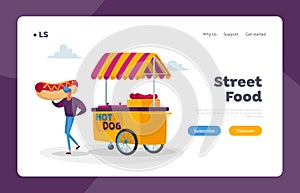 Man Buying Street Food, Takeaway Junk Meal from Food Truck Landing Page Template. Restaurant Wagon Transport on Wheels