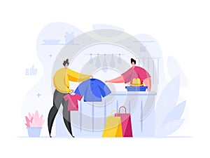 Man buys set stylish clothes in store vector concept. Happy male character holds out fashionable jacket.