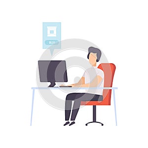 Man bying products from an online store using a computer, internet shopping and delivery concept vector Illustration on photo