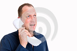 Man calling with with big toy phone phone