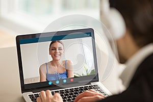 Man calling woman using video chat, virtual dating, distance rel