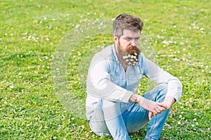 Man with calm face relaxing on grassy field with wild flowers. Handsome guy with daisy or chamomile flowers in his beard