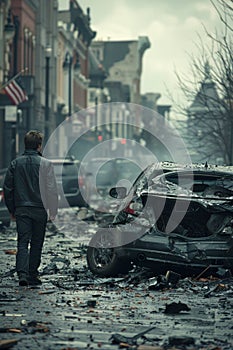 A man calmly walks past a wrecked car on a dimly lit street, a haunting juxtaposition of destruction and life moving