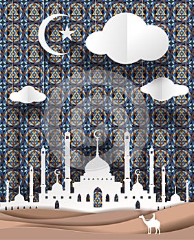 man and camel front of Masjid geometry of Islamic design background vector paper art. paper cut cute illustration