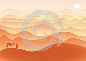 Man with camel walks through sand dunes in desert, vector.