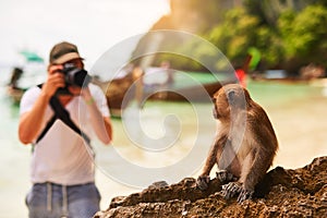 Man, camera and monkey with sunshine, beach and tropical island with getaway trip, Bali and seaside. Person