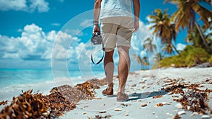 Man With Camera Walking on Tropical Beach Under Sunny Sky