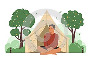 Man Camping in Park and Enjoy Outdoor Living Lifestyle