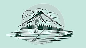 Man canoeing on mountain lake vector illustration