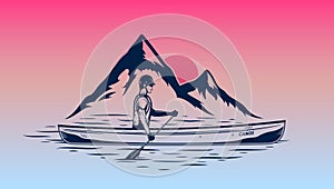 Man canoeing at sunset on mountain lake vector illustration