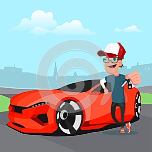 Man in cap holding the key of a new red sports car, Cartoon Vector Illustration.