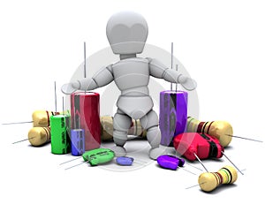 Man with Capacitors Resistors and semi-conductors