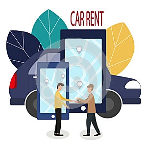 Man and car dealer. Making deals online. Car rent. Vector illustration in flat style. The dealer hands over the keys to