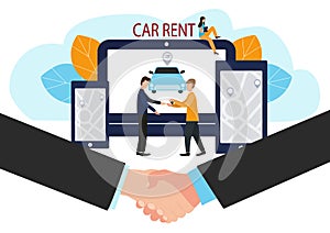 Man and car dealer. Making deals online. Car rent. Vector illustration in flat style. The dealer hands over the keys to the car