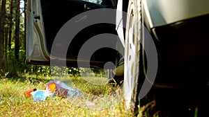 A man from a car throws out a bag of garbage on the grass, nature, close-up, pollution by nature`s garbage, garbage and