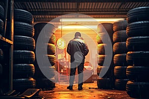man car transportation auto garage inspection vehicle mechanic tire automobile racecar. Generative AI.