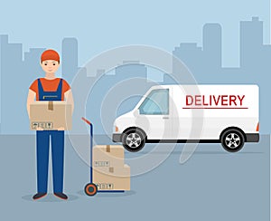 Man with cardboard box and delivery van on city background.