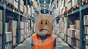 Man with a cardboard box on his head standing in a warehouse, showing a sad face. Creative, humorous take on work stress