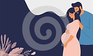 The man carefully embraced the pregnant woman. Husband and wife are expecting a baby, young parents, family support. Flat vector