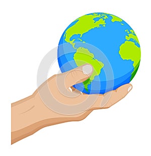 Man carefully holds the globe in his hand. Choosing a destination for travel. Global view of the world. Cartoon vector on white