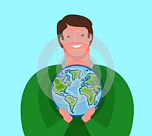 Man carefully holds planet Earth. Ecology, environment, travel concept. Cartoon vector illustration
