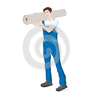 Man with carpet. Carpet installer holding rag. Repairman carrying roll of mat on shoulder