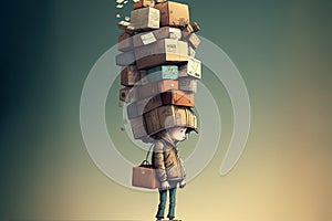 Man carries a big pile of boxes on his head, moving. Generative ai