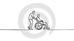 Man carries a disabled in a wheelchair continuous one line vector drawing.