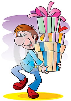 Man carries a lot of boxes with gifts, isolated object on a white background, vector illustration