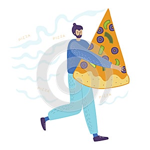 Man carries pizza cartoon character vector illustration