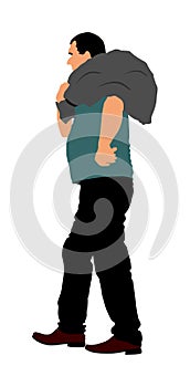 A man carries a sack on shoulder  illustration. Toiler worker. Tired sweats construction worker with bag on back. Hard work