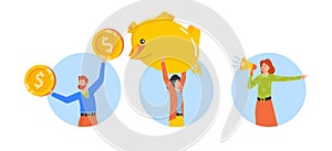 Man Carry Piggy Bank, Employee With Coins, Woman With Megaphone Isolated Round Icons Or Avatars Illustration